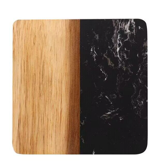 Set Of 4 Black Marble and Acacia Wood 4" Square Coasters