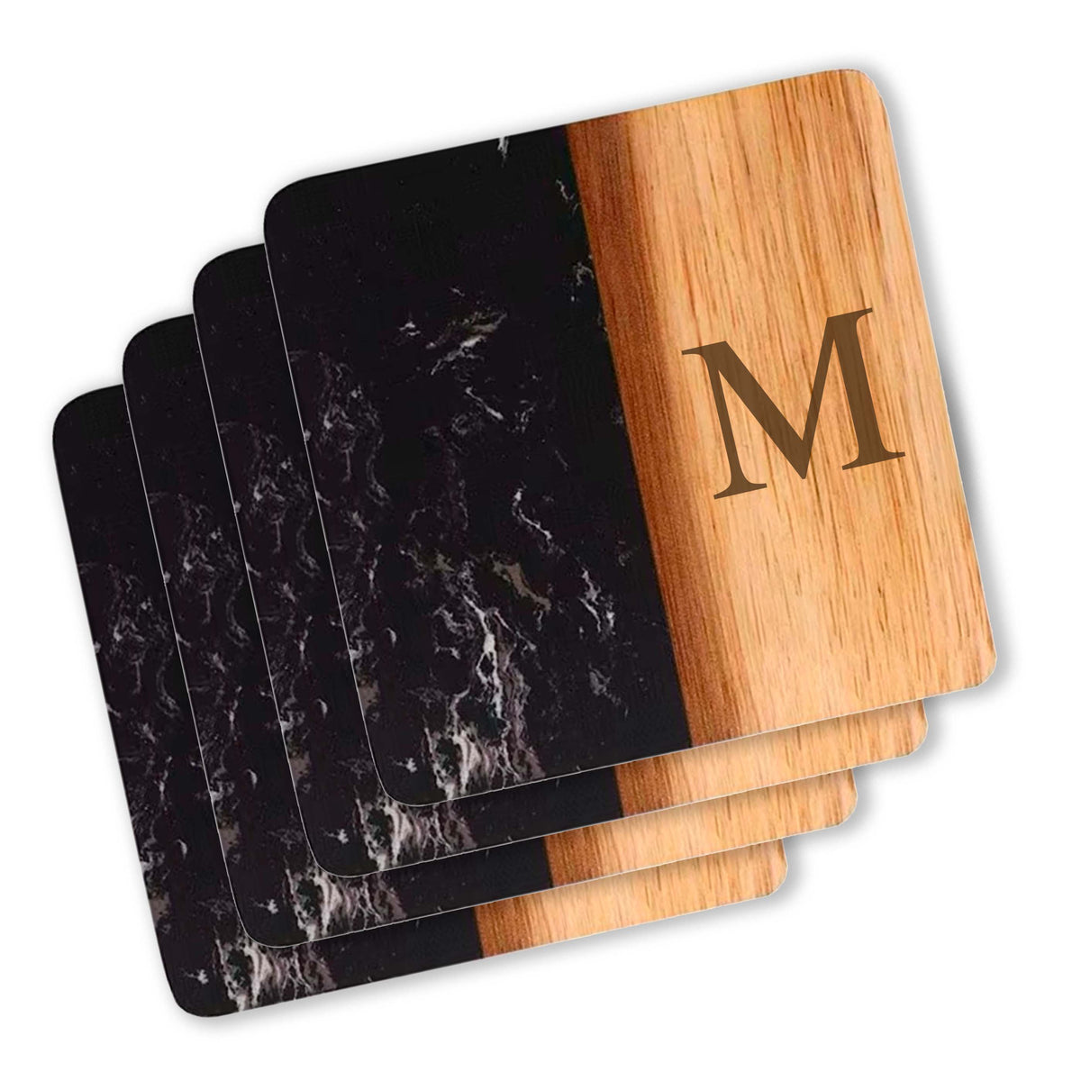 Set Of 4 Black Marble and Acacia Wood 4" Square Coasters