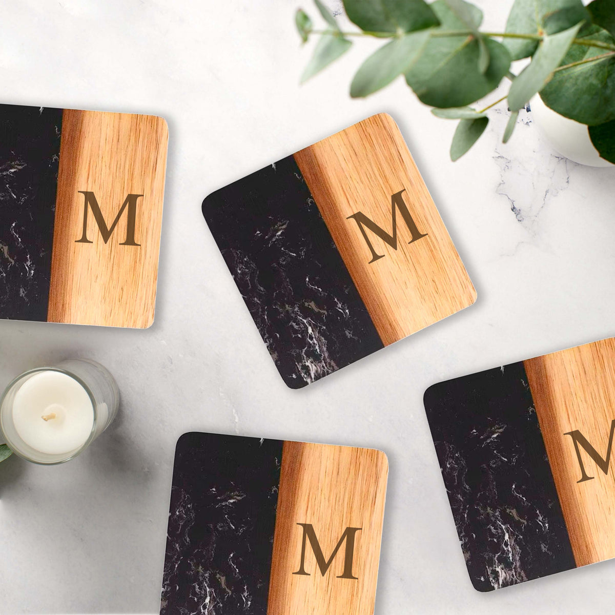 Set Of 4 Black Marble and Acacia Wood 4" Square Coasters