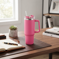 40 Oz Stainless Steel Tumbler with Handle & Straw - Hot Pink