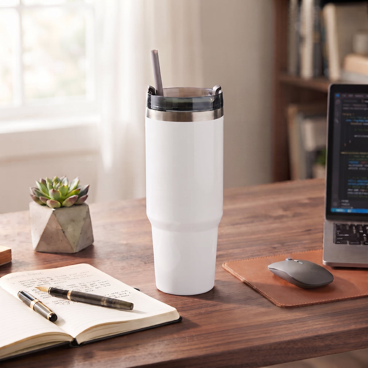 20 Oz Stainless Steel Tumbler with Straw - White