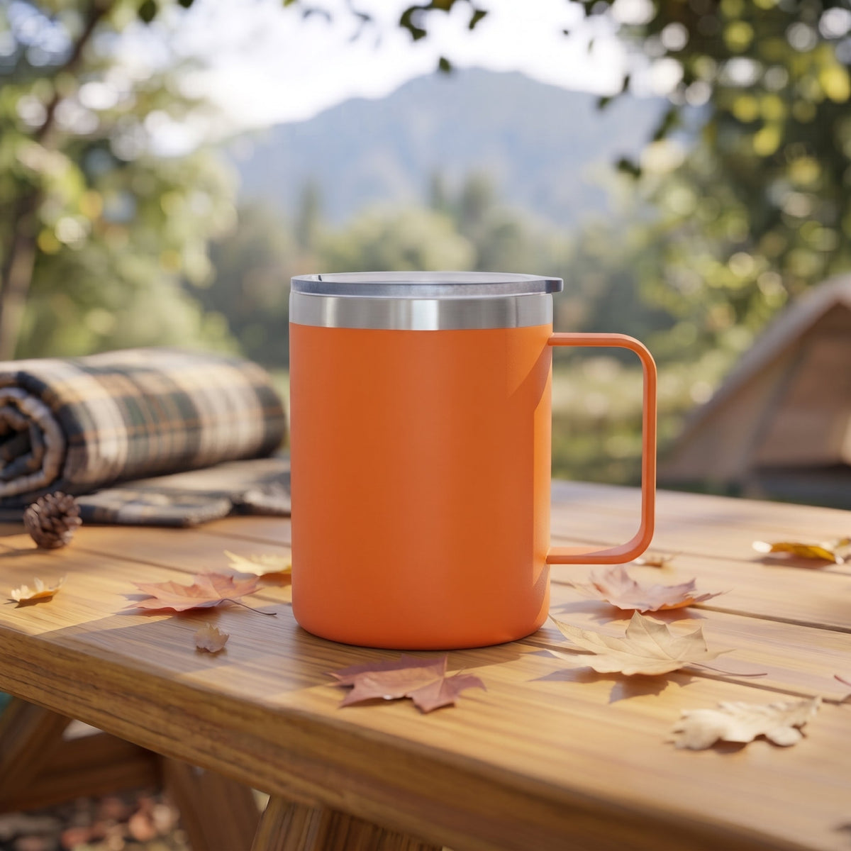 12 Oz Stainless Steel Travel Mug with Handle - Orange