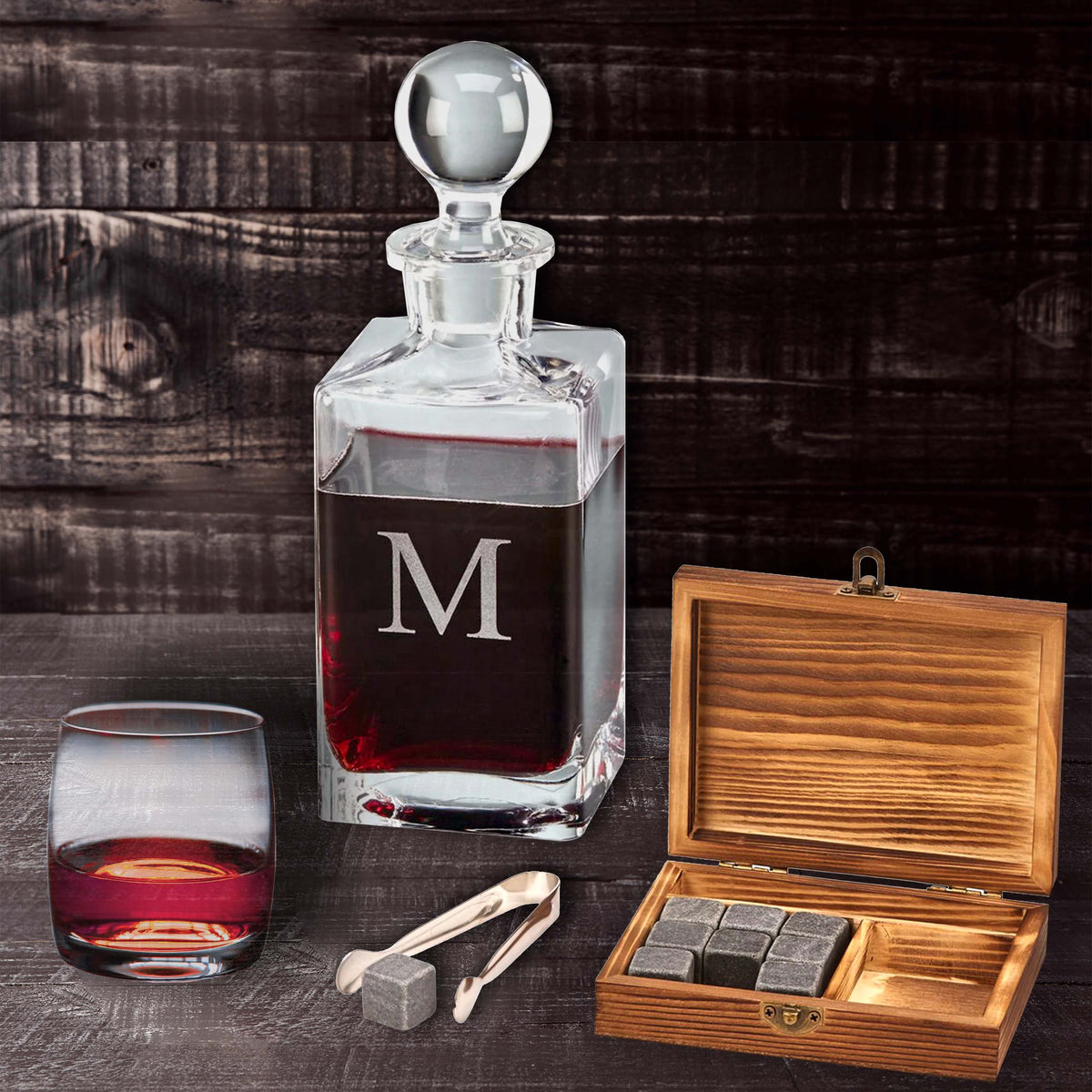 Wood Box Whiskey Stone Set