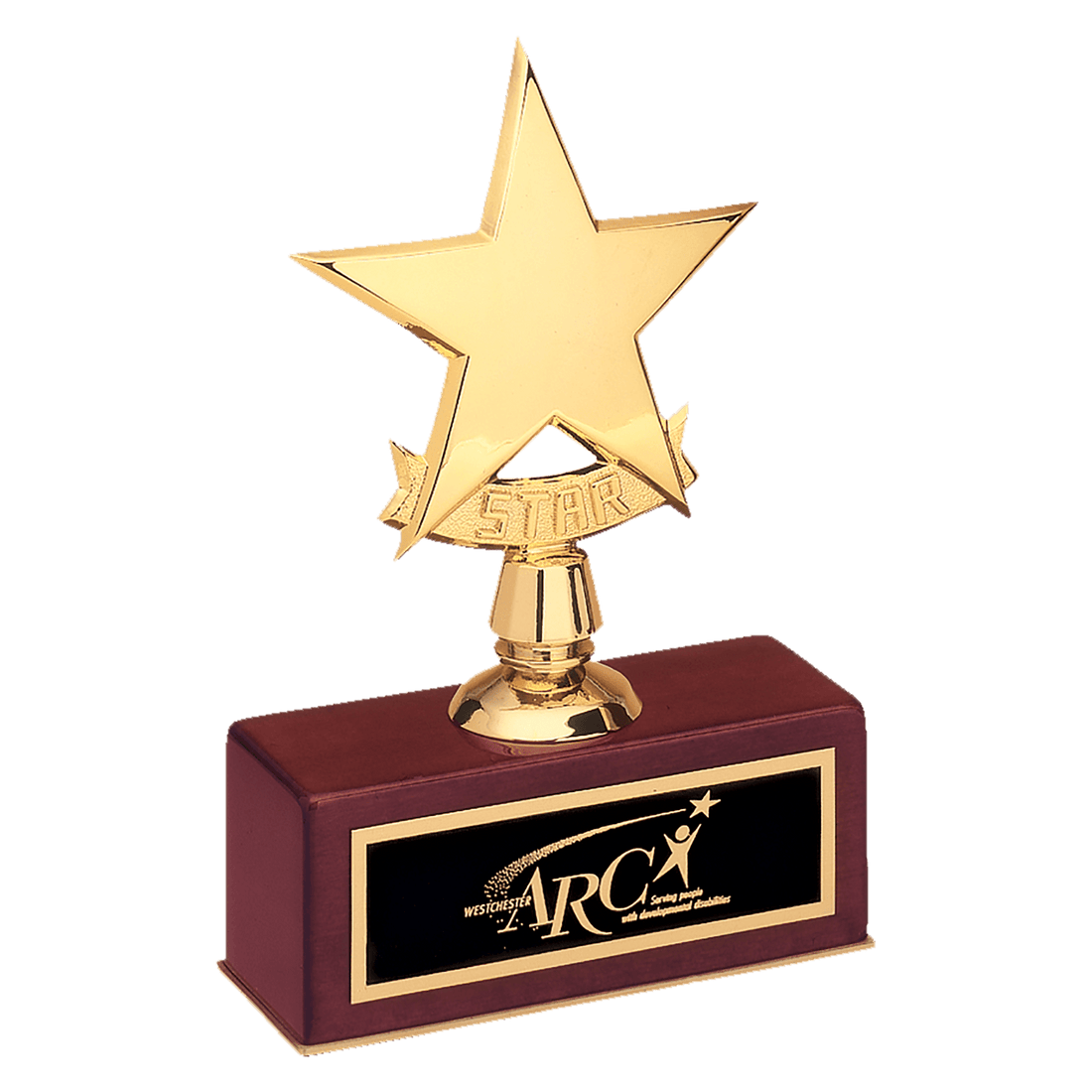 5" x 7 1/2" Polished Metal Goldtone Star Casting on Rosewood Piano Finish Base with Laserable Black Brass Plate