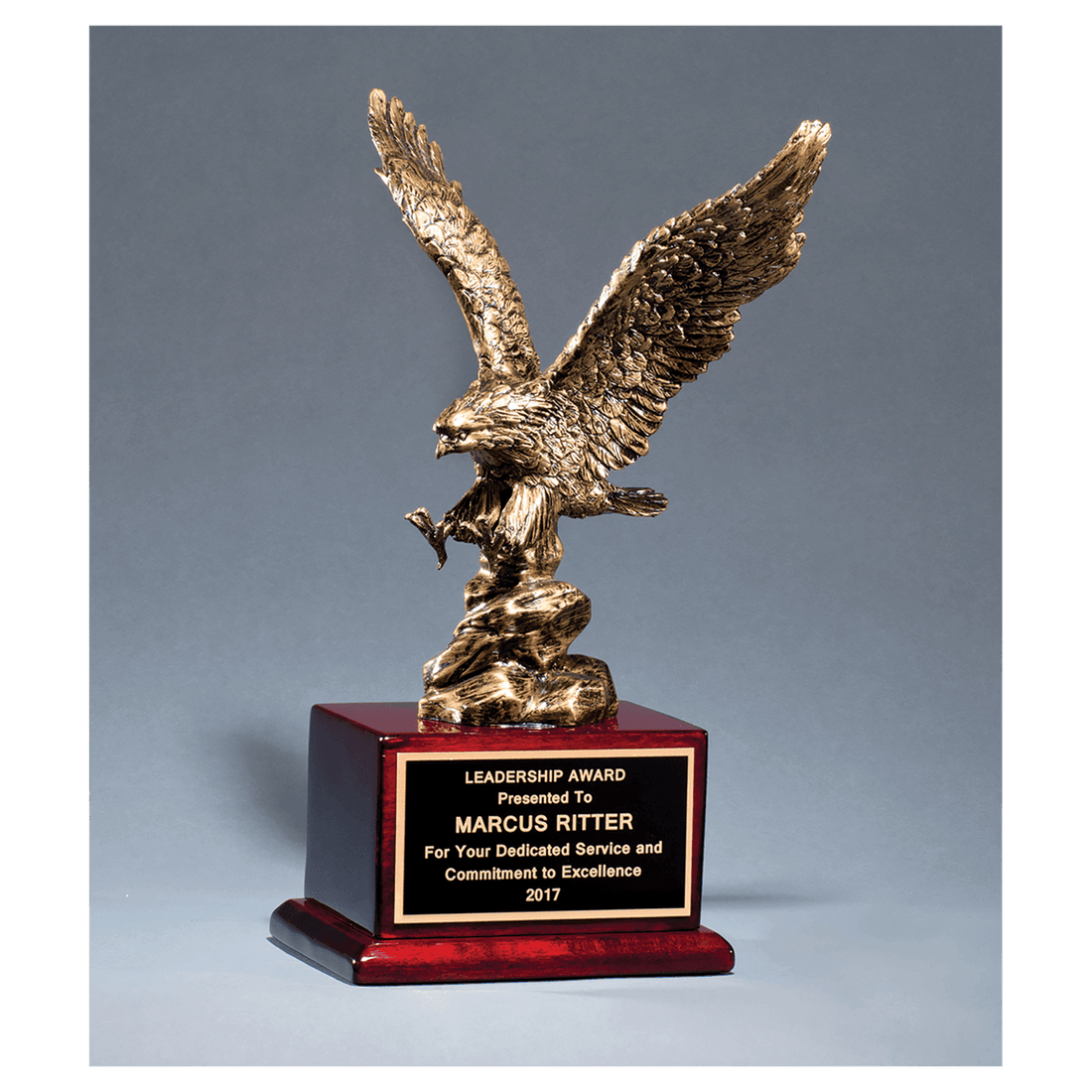 15" Antique Bronze Finished Eagle Resin Casting on Rosewood Piano Finish Base with Black Laserable Brass Plate