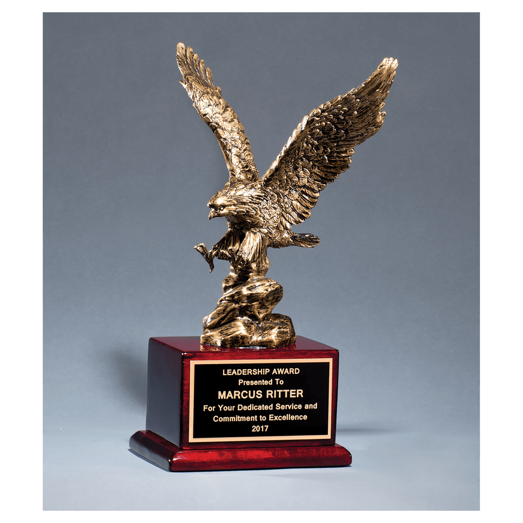 15" Antique Bronze Finished Eagle Resin Casting on Rosewood Piano Finish Base with Black Laserable Brass Plate