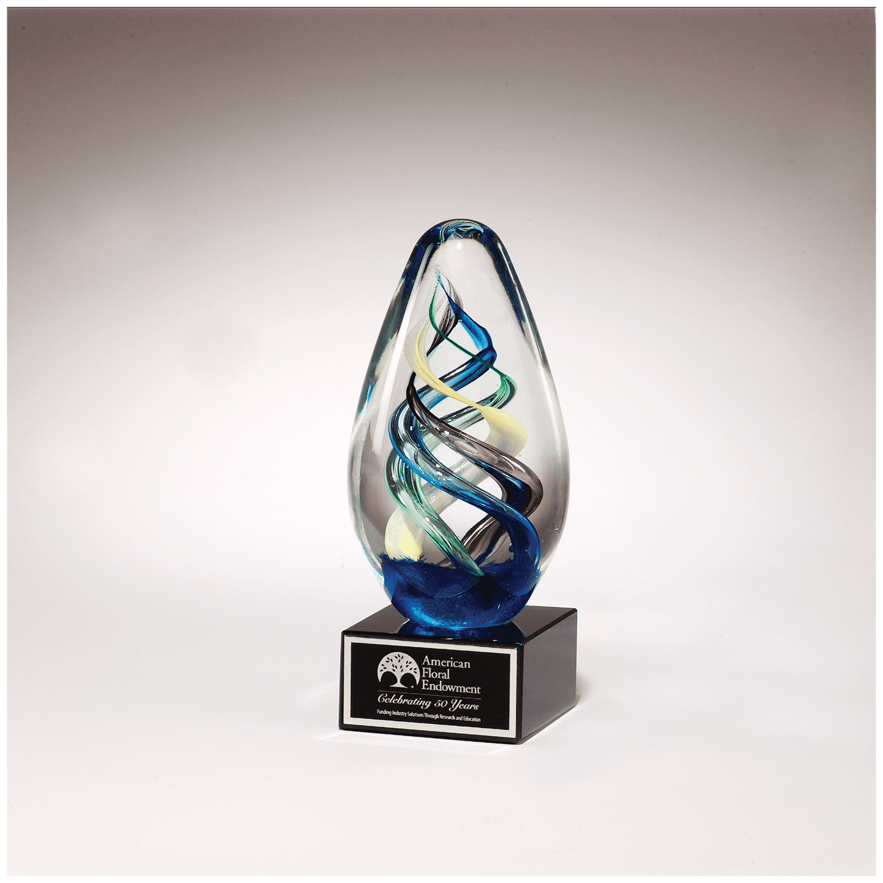 7 1/8" Egg Shaped Colored Art Glass on Black Glass Base with Black Laserable Aluminum Plate
