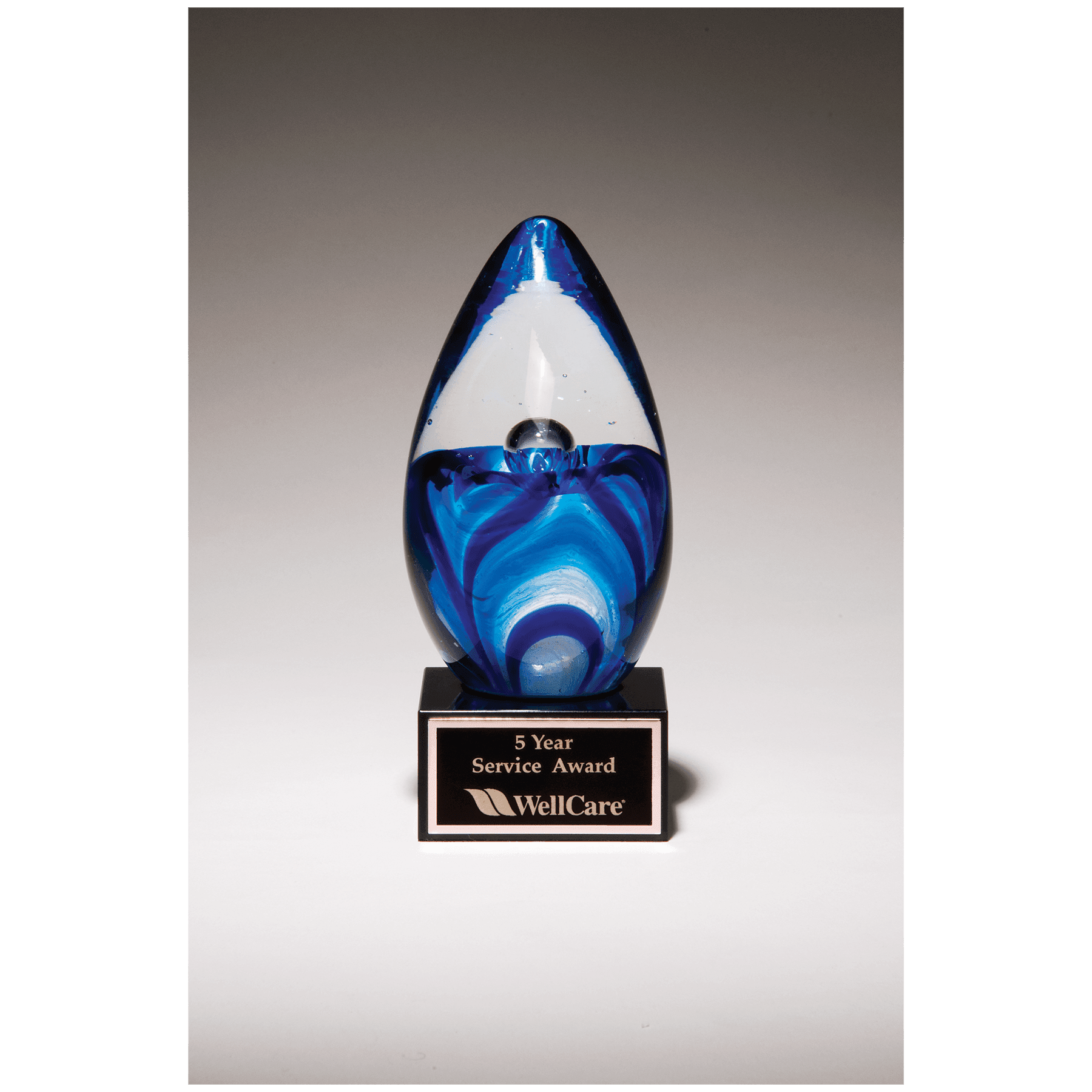 Blue Egg Shaped Art Glass on Black Glass Base with Black 6 1/2" Laserable Aluminum Plate