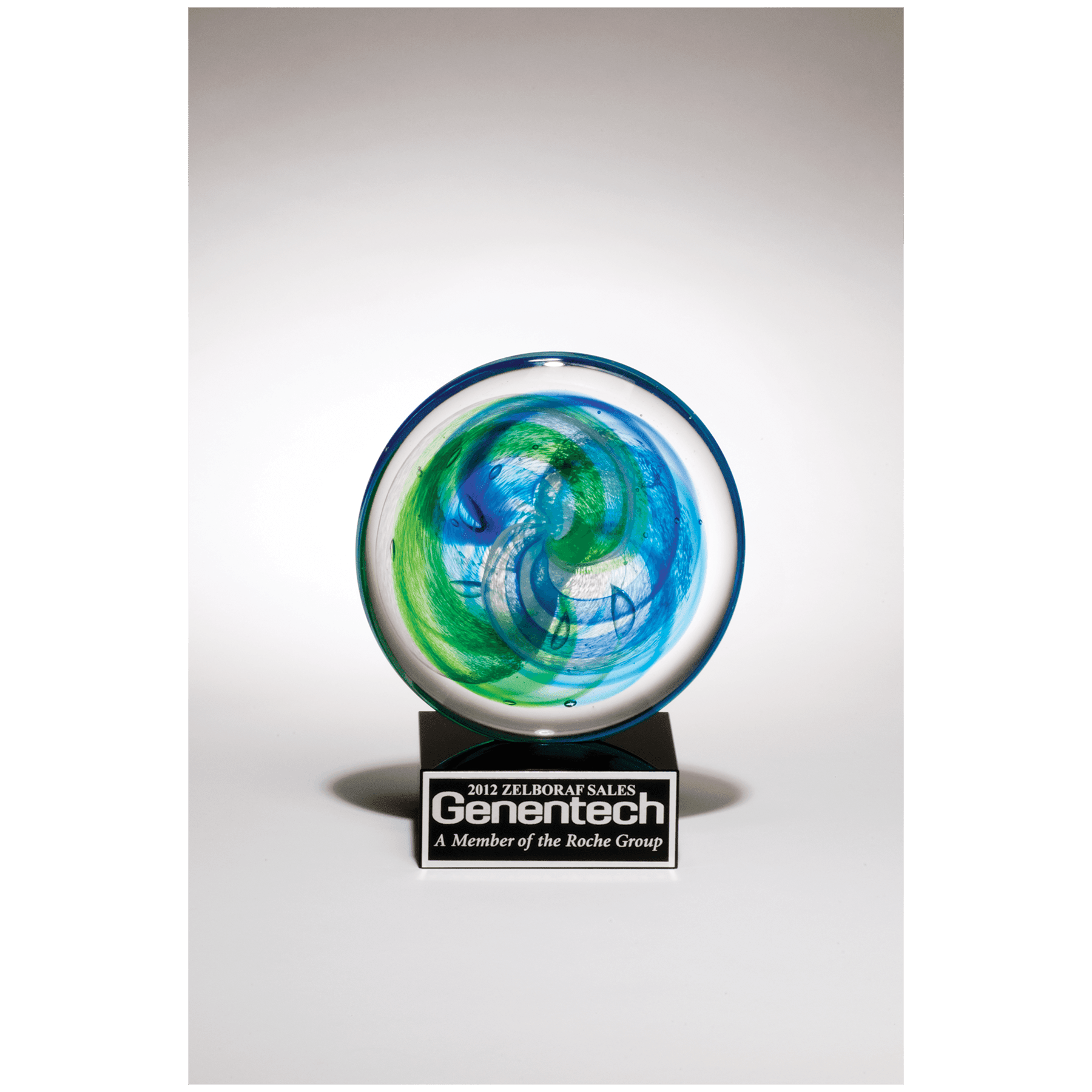 7 1/4" Disk Art Glass with Blue and Light Green Accent on Black Glass Base with Black Laserable Aluminum Plate
