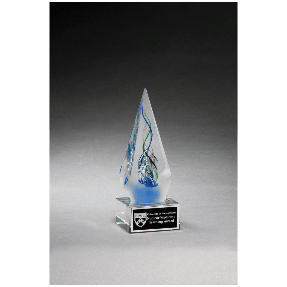 7 1/8" Frosted Glass Accent Arrow Art Glass on Clear Glass Base with Black Laserable Aluminum Plate