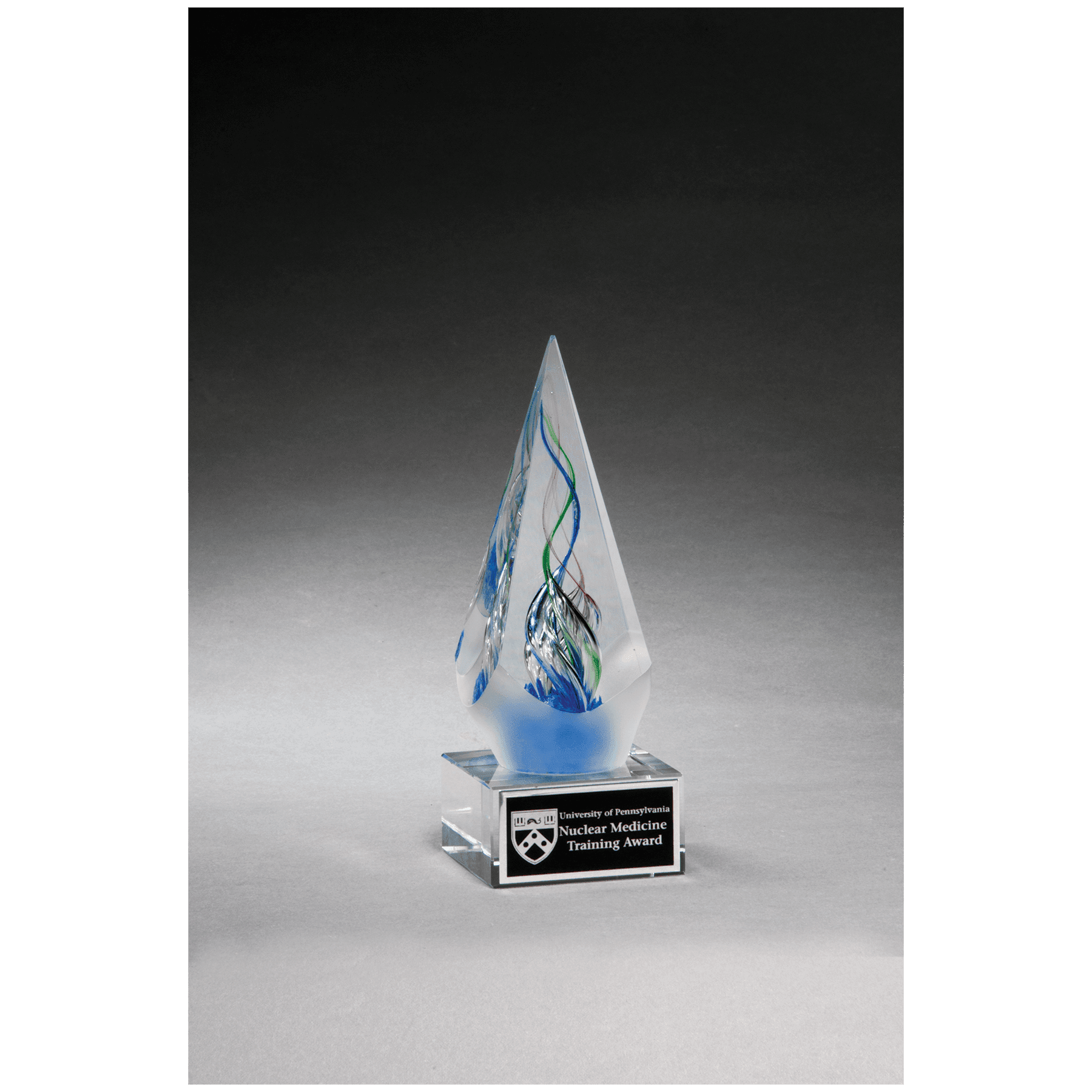 7 1/8" Frosted Glass Accent Arrow Art Glass on Clear Glass Base with Black Laserable Aluminum Plate