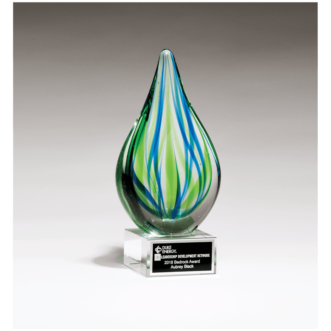 8" Blue and Green Teardrop Art Glass on Clear Glass Base with Black Laserable Aluminum Plate