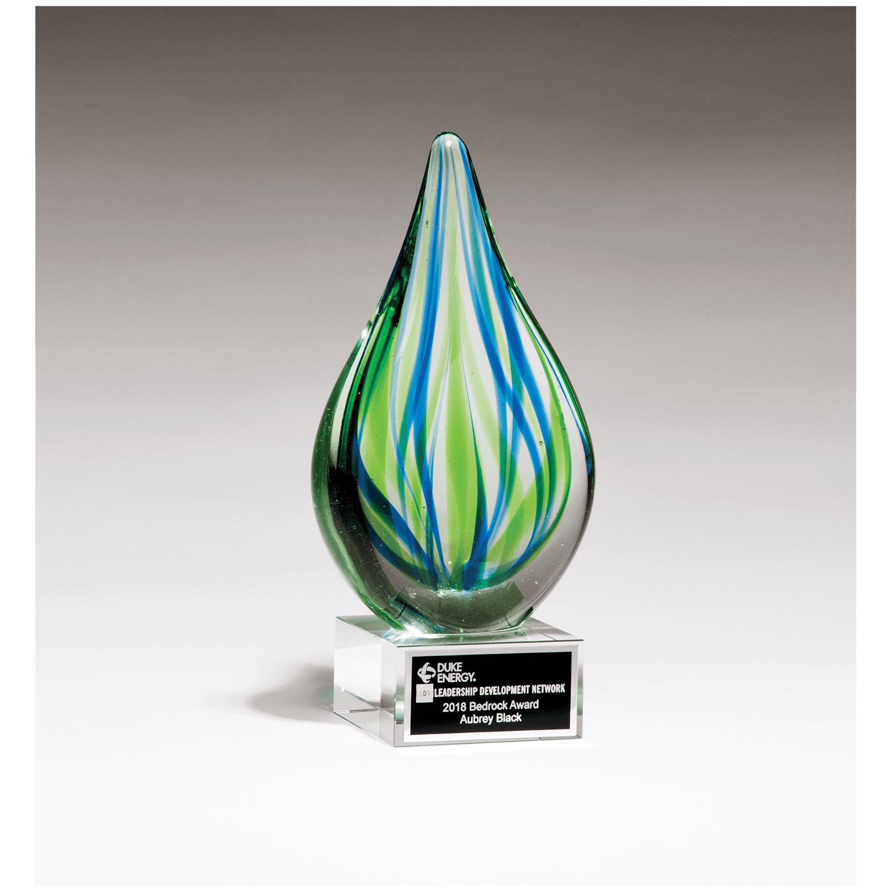 8" Blue and Green Teardrop Art Glass on Clear Glass Base with Black Laserable Aluminum Plate