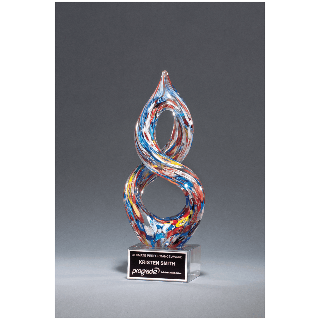10" Helix Multi-Color Art Glass on Clear Glass Base with Black Laserable Aluminum Plate