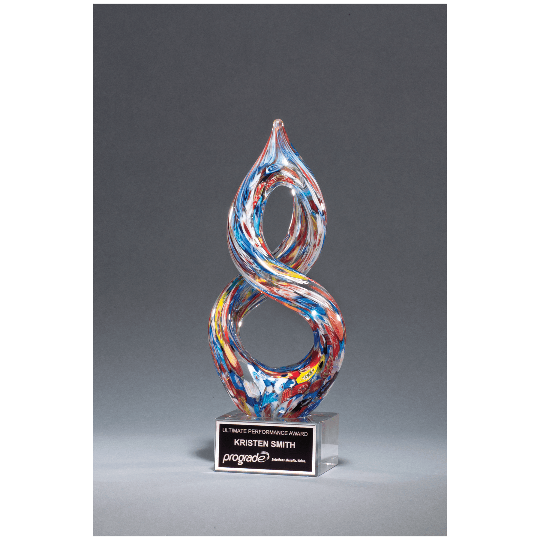 10" Helix Multi-Color Art Glass on Clear Glass Base with Black Laserable Aluminum Plate