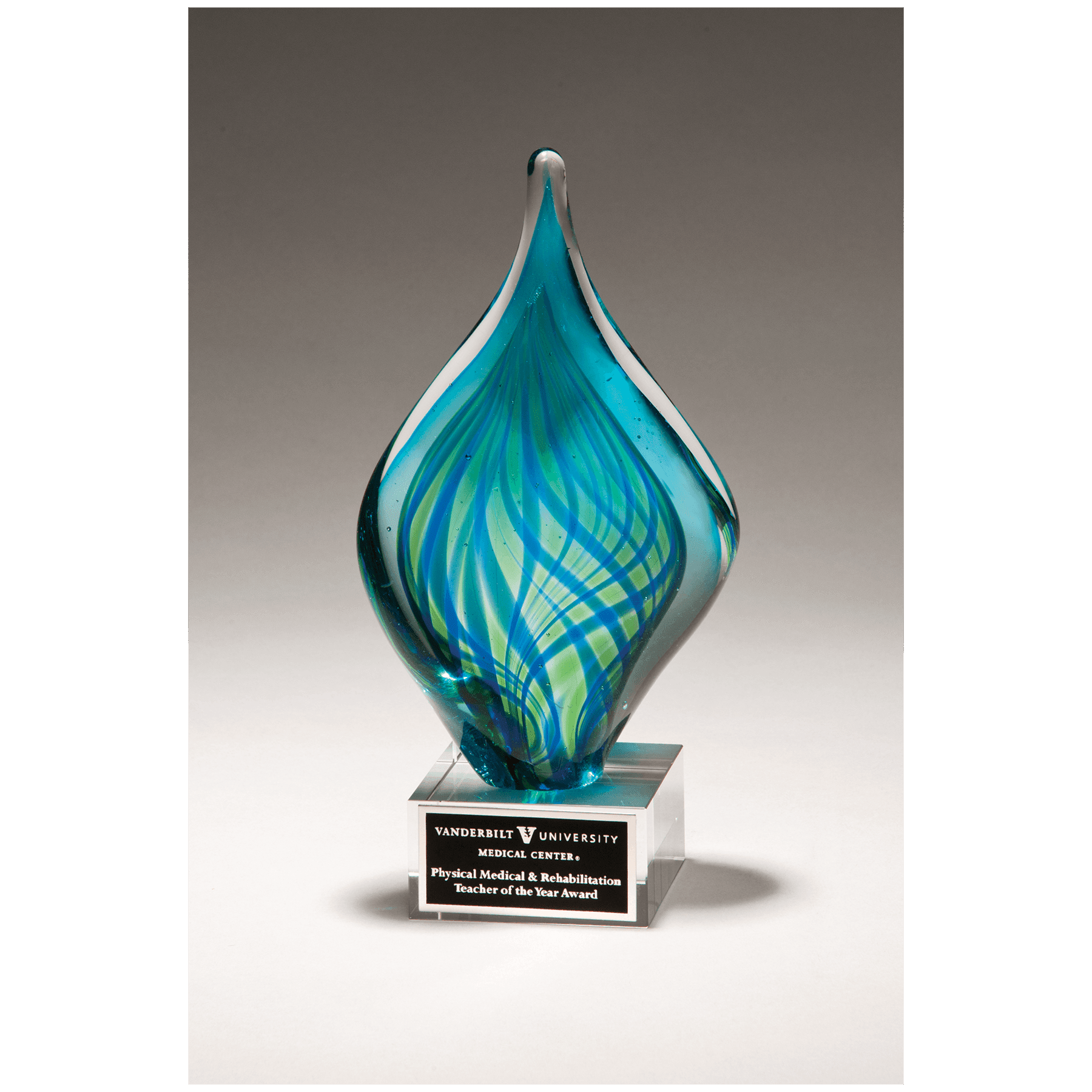 8 3/4" Blue and Green Twist Art Glass on Clear Glass Base with Black Laserable Aluminum Plate