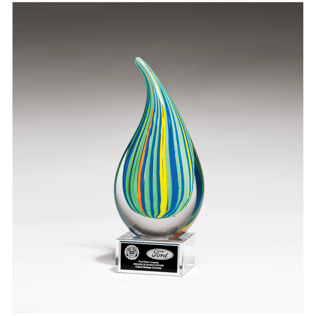 8 1/4" Multi-Colored Teardrop Art Glass on Clear Glass Base with Black Laserable Aluminum Plate