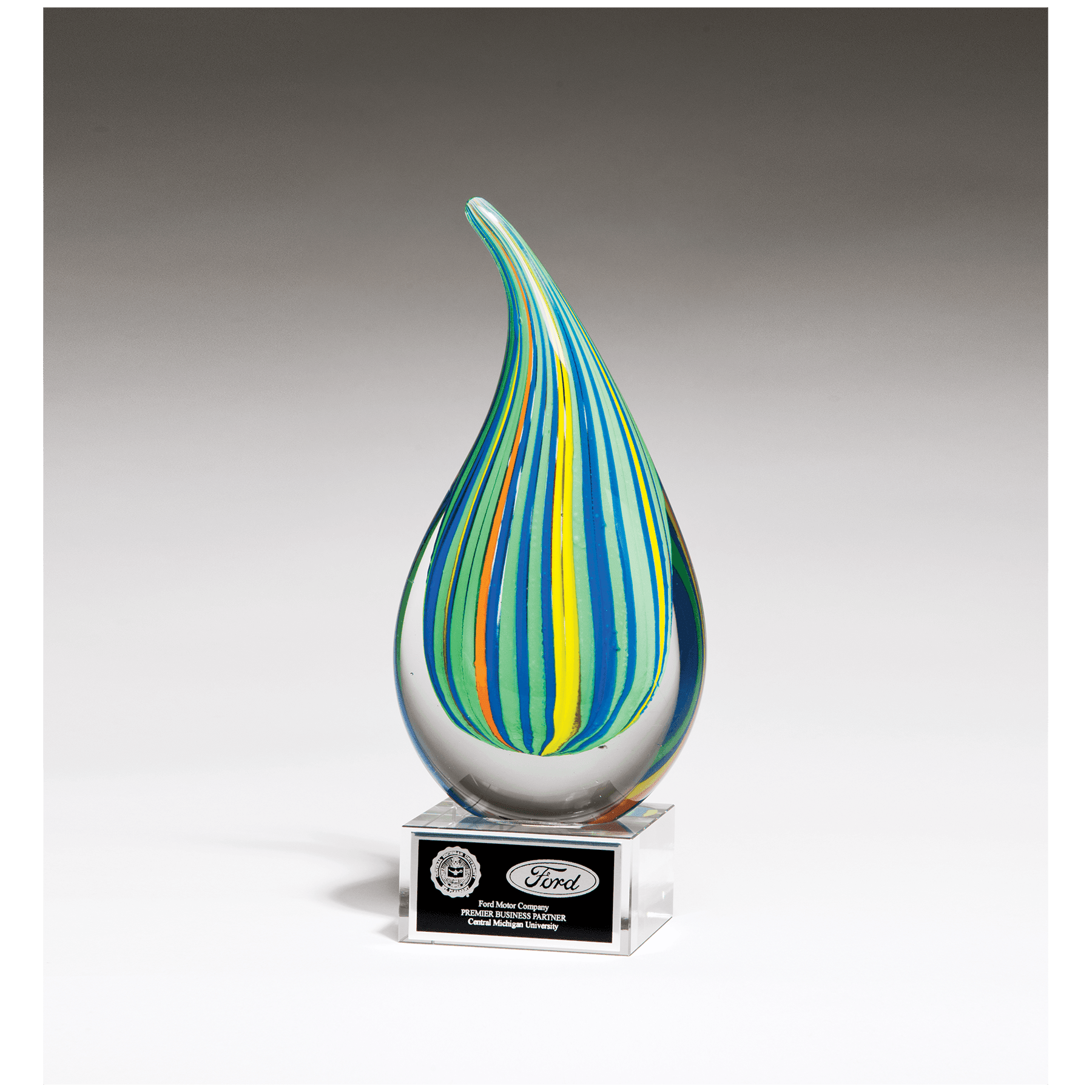 8 1/4" Multi-Colored Teardrop Art Glass on Clear Glass Base with Black Laserable Aluminum Plate
