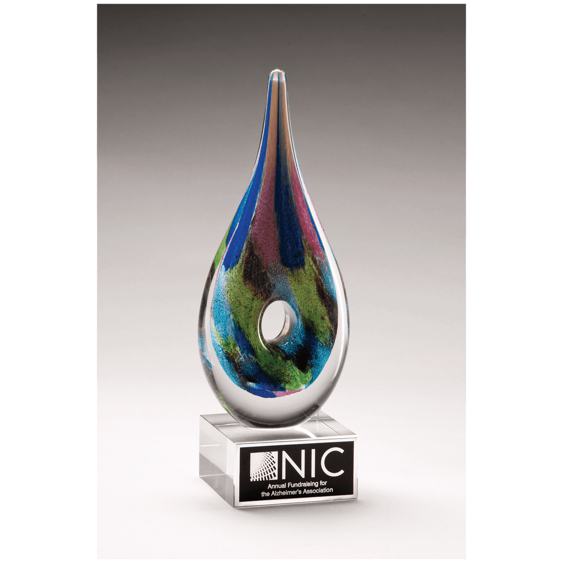 9 7/8" Multi-Colored Teardrop Art Glass on Clear Glass Base with Black Laserable Aluminum Plate