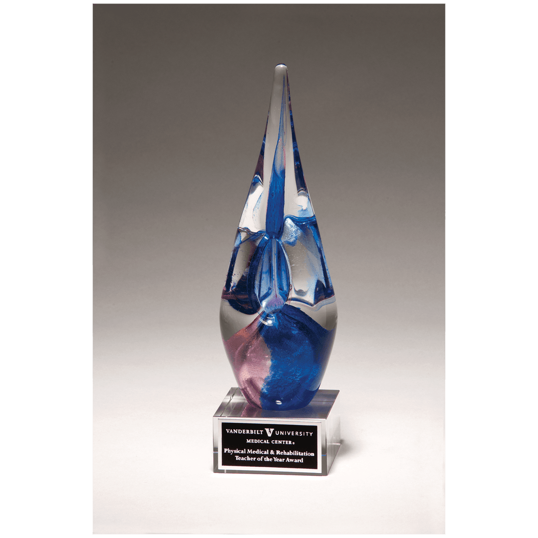 10 1/2" Blue & Violet Art Glass on Clear Glass Base with Black Laserable Aluminum Plate