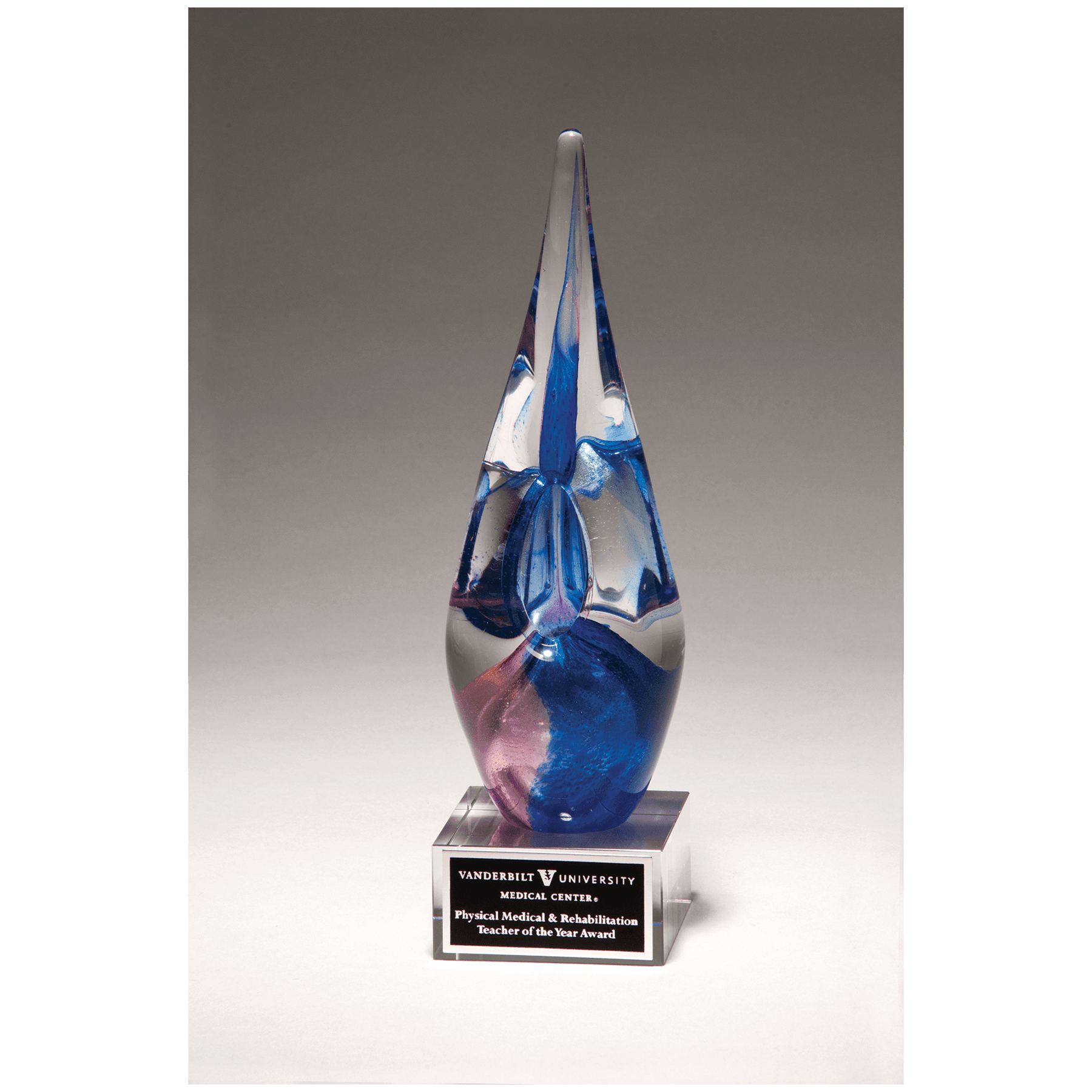 10 1/2" Blue & Violet Art Glass on Clear Glass Base with Black Laserable Aluminum Plate