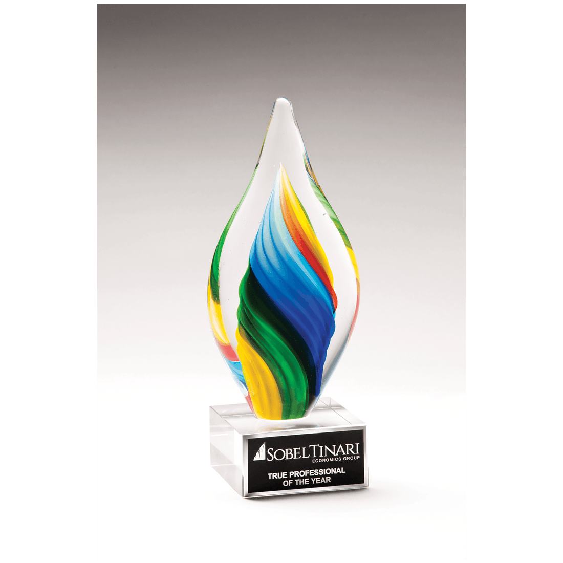 9" Rainbow Twist Art Glass on Clear Glass Base with Black Laserable Aluminum Plate