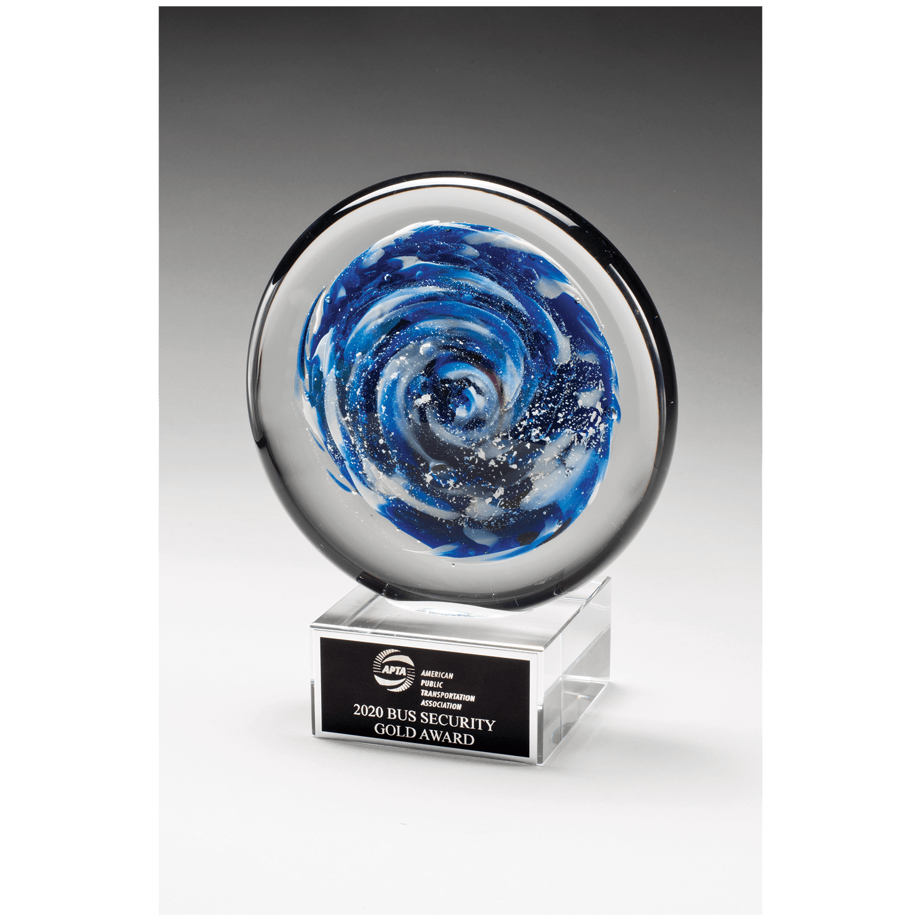 7" Blue and White Disc Art Glass on Clear Glass Base with Black Laserable Aluminum Plate