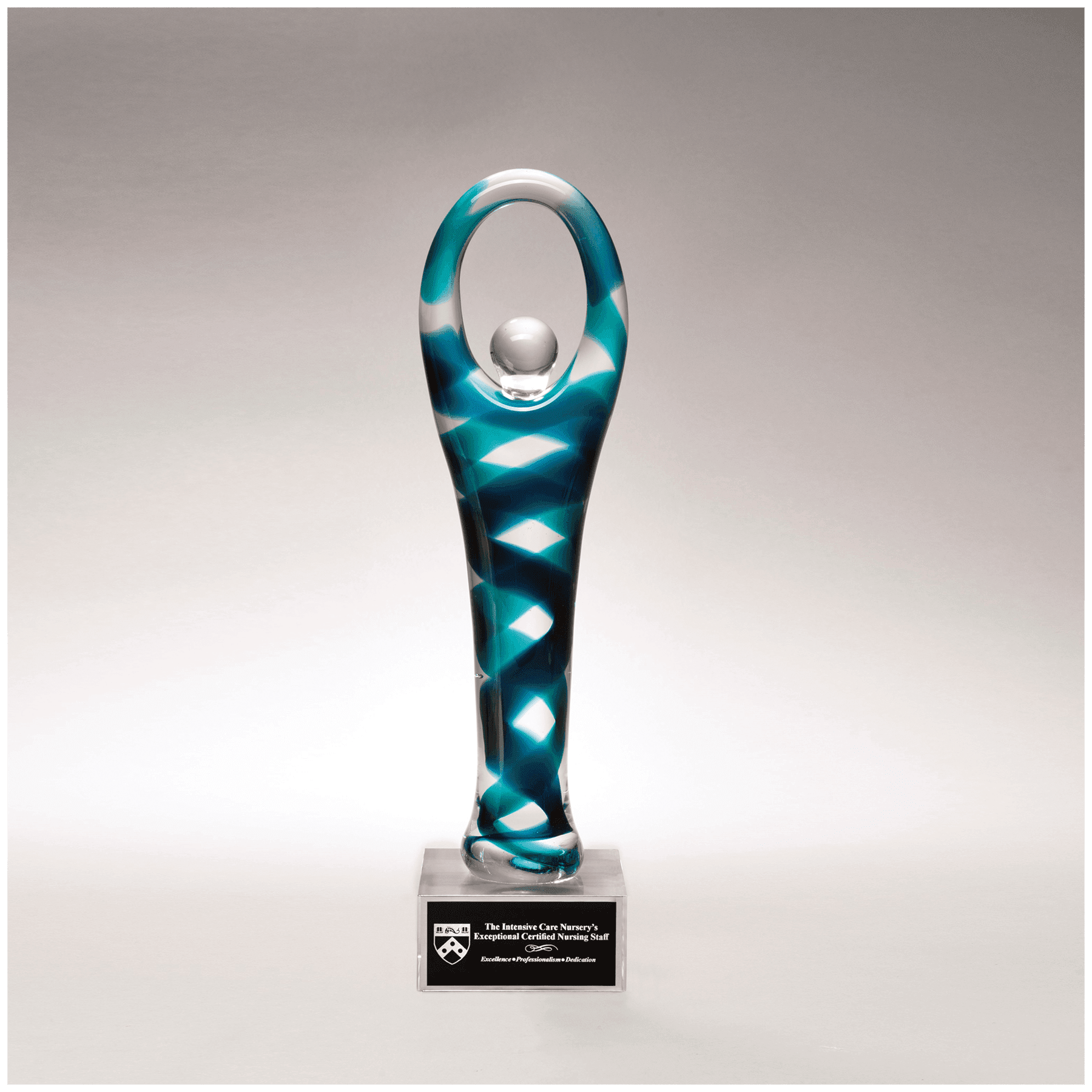 12 1/4" Victory Art Glass on Clear Glass Base with Black Laserable Aluminum Plate