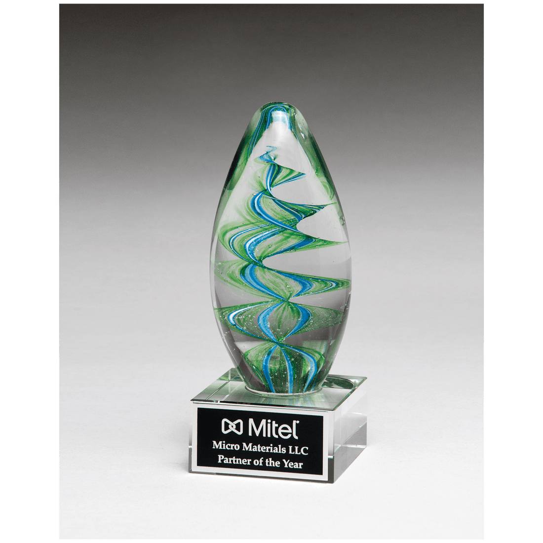 Blue and Green Helix Egg Shaped Art Glass on Clear Glass Base with Black 6 1/2" Laserable Aluminum Plate