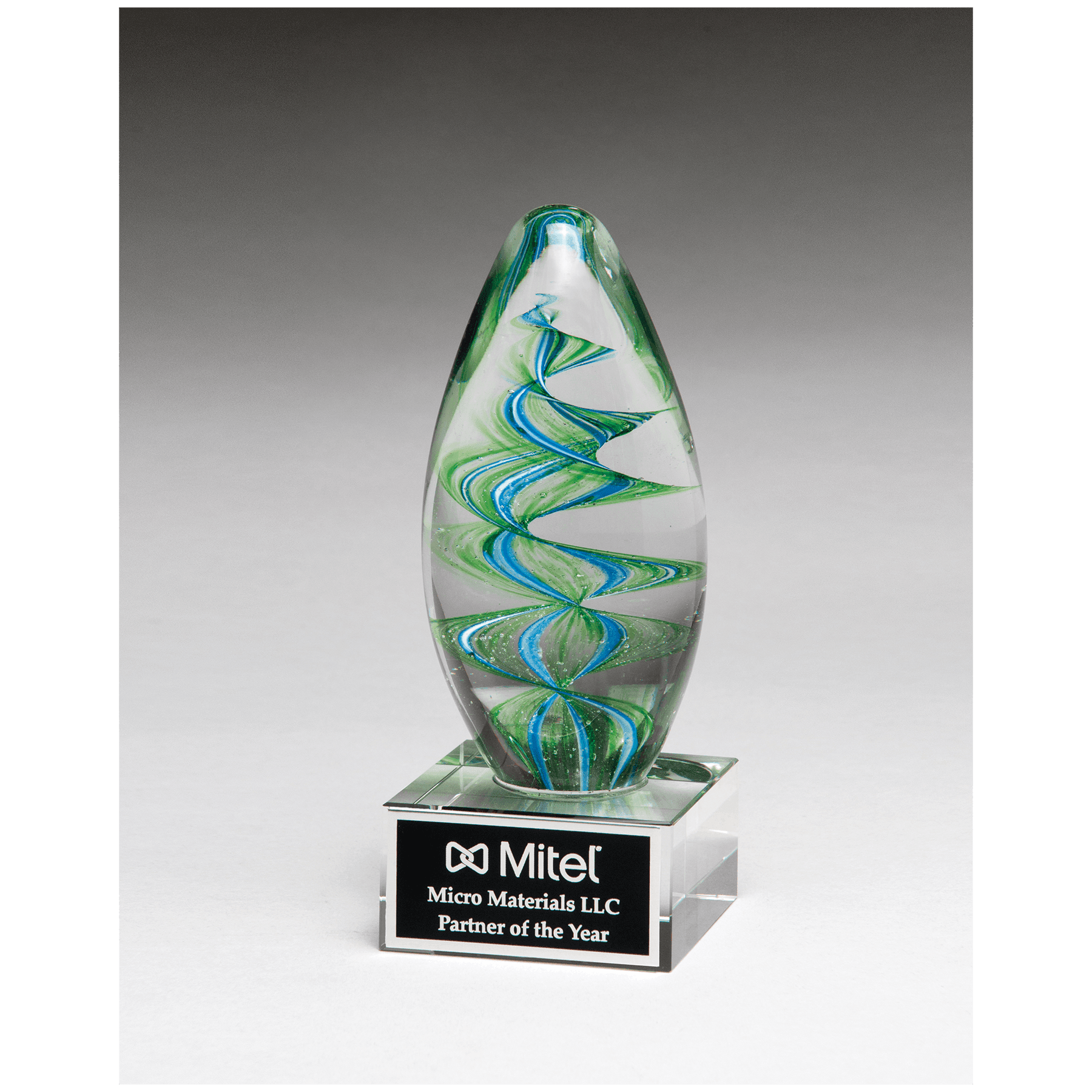 Blue and Green Helix Egg Shaped Art Glass on Clear Glass Base with Black 6 1/2" Laserable Aluminum Plate