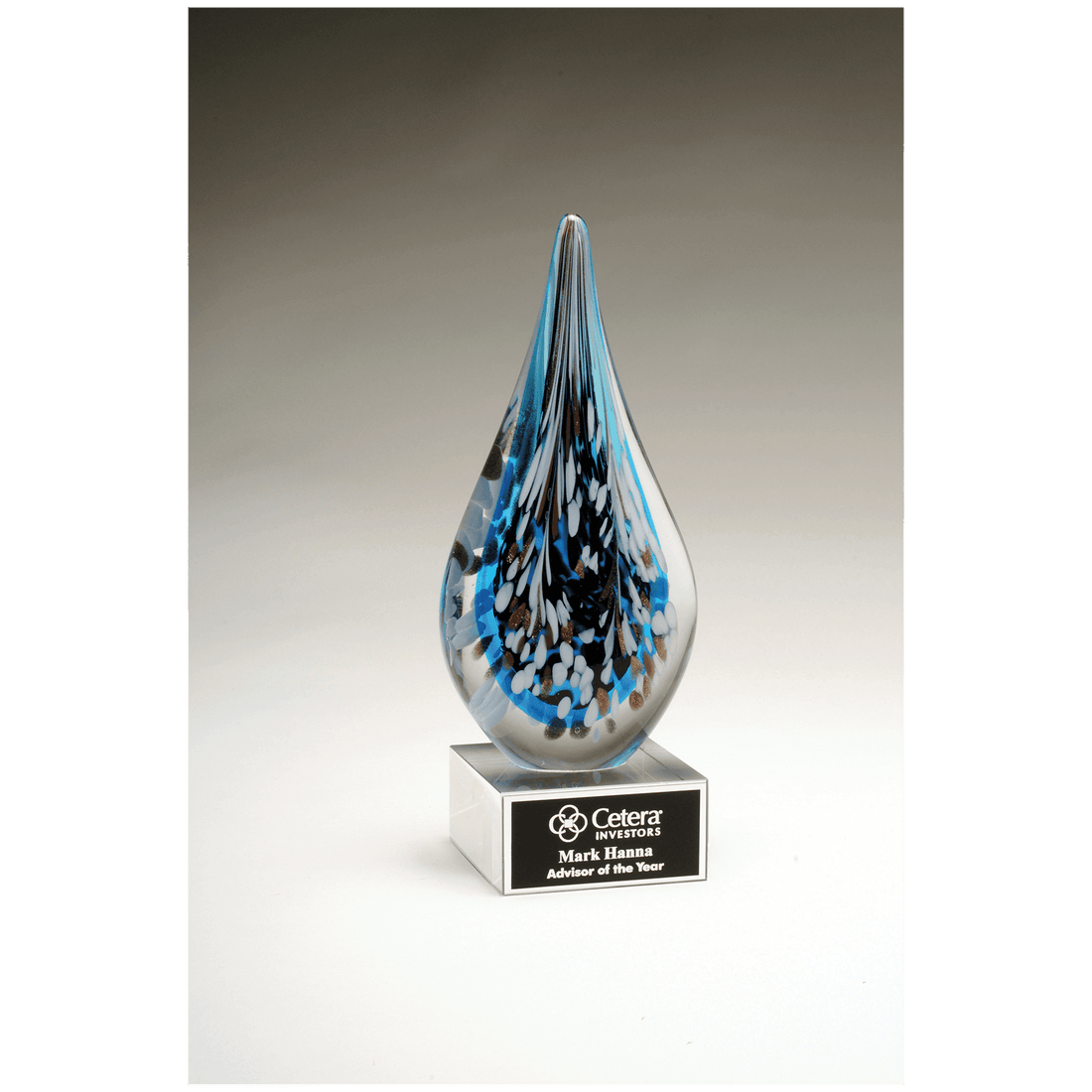 Multi-Colored Teardrop Art Glass on Clear Glass Base with Black 10" Laserable Aluminum Plate