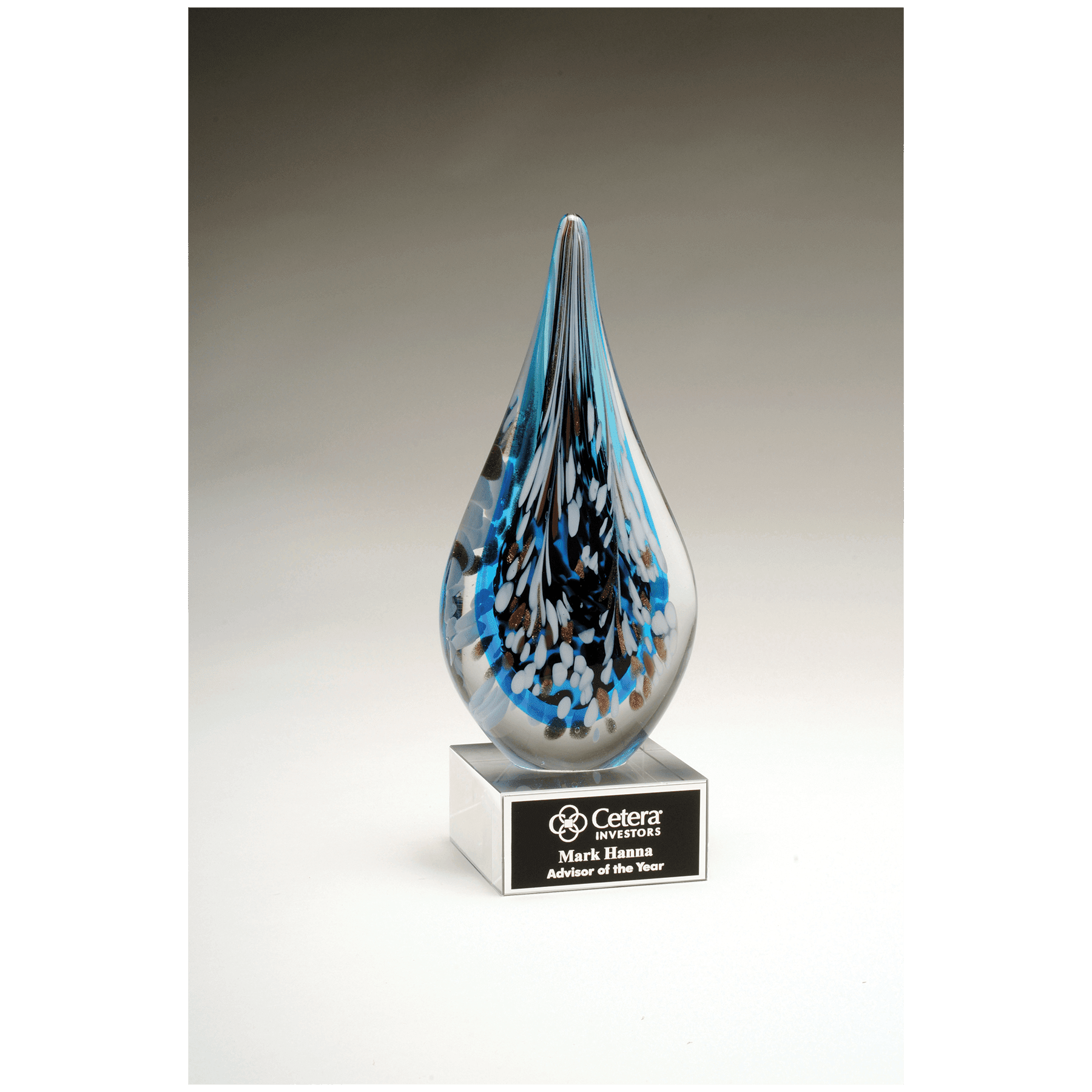 Multi-Colored Teardrop Art Glass on Clear Glass Base with Black 10" Laserable Aluminum Plate