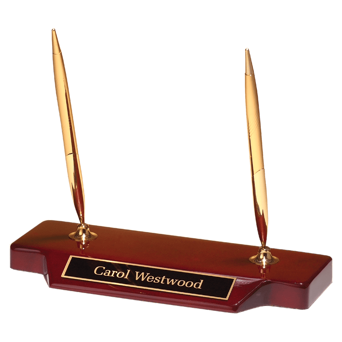 3 3/4" x 9" Double Gold-Tone Pen Set on Rosewood Piano Finish Base with Black Brass Plate