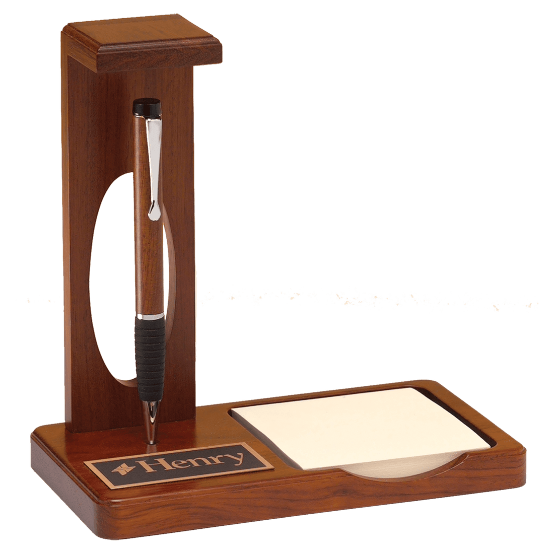6 3/4" x 6 7/8" x 3 5/8" Floating Pen Desk Set with Memo Pad in Matte Teak wood Finish with Black Plate