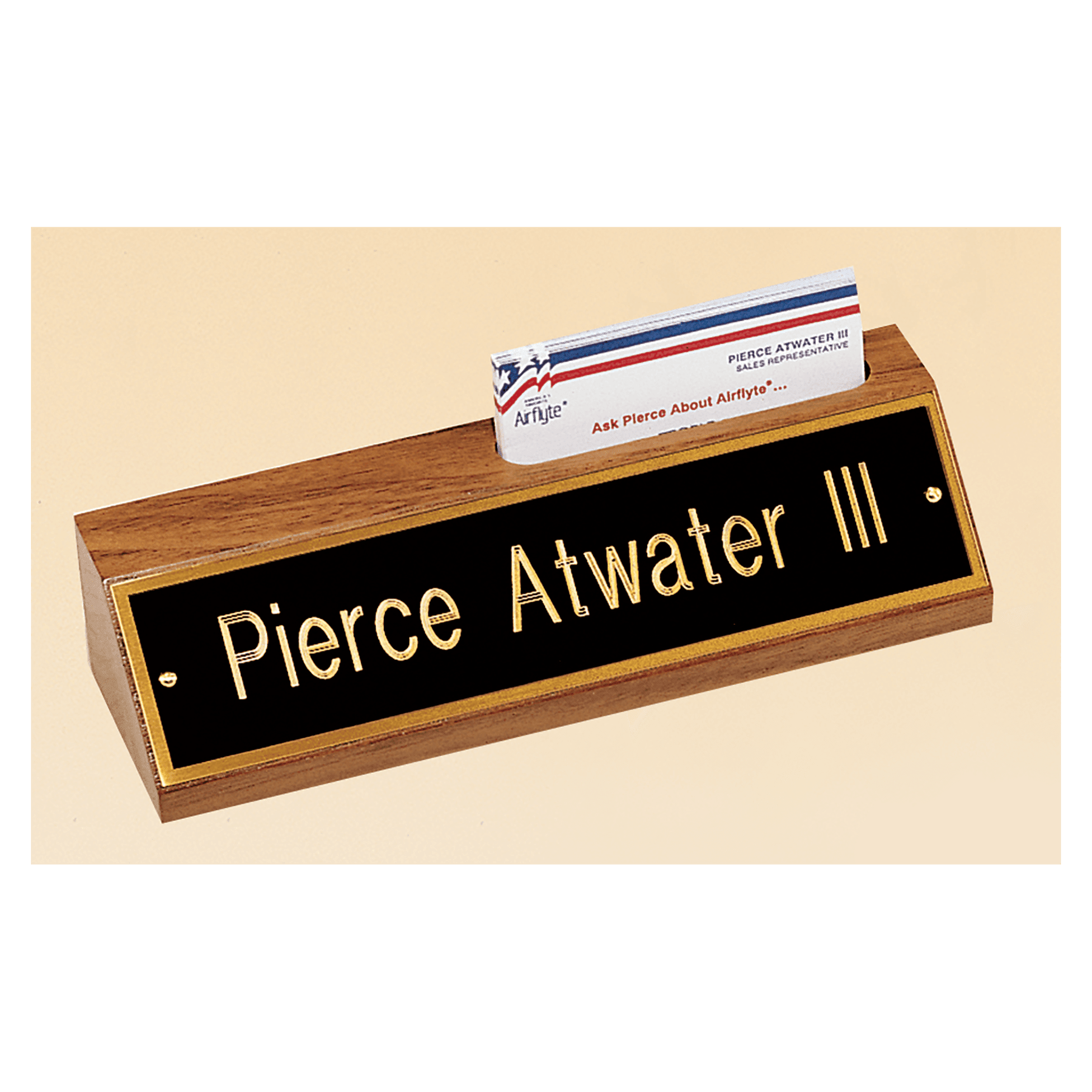 8" x 1 3/4" x 2 3/8" American Walnut Nameplate with Business Card Holder with Black Plate