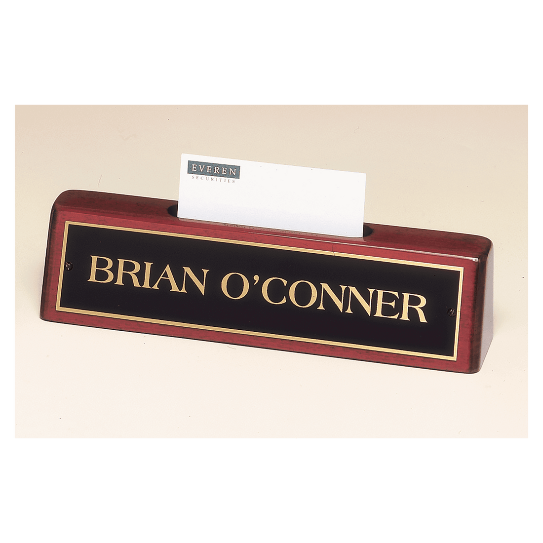 8 1/4" x 2" x 1 1/4" Rosewood Piano Finish Nameplate with Business Card Holder with Black Plate