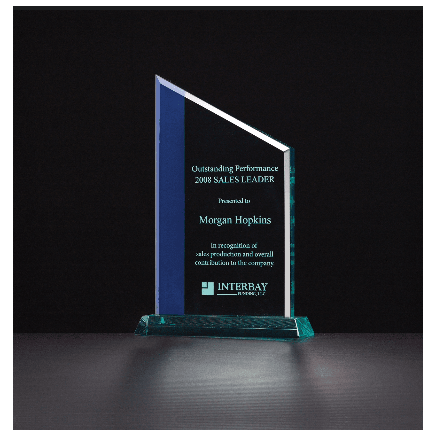 6 1/2" x 10" Zenith Series Jade Acrylic with Blue Highlights and Jade Base.