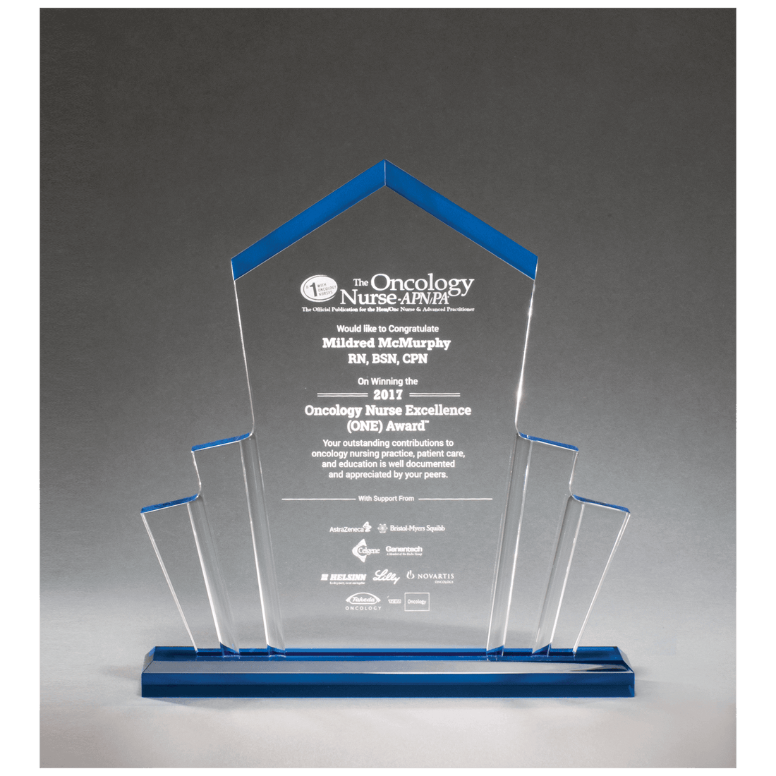 10" x 10 3/4" Large Tower Spotlight Clear Acrylic with Blue Accent on Blue Acrylic Base