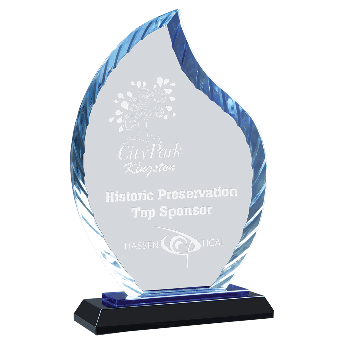 8" Clear Flame Accent Glass on Blue & Black Reflective Base