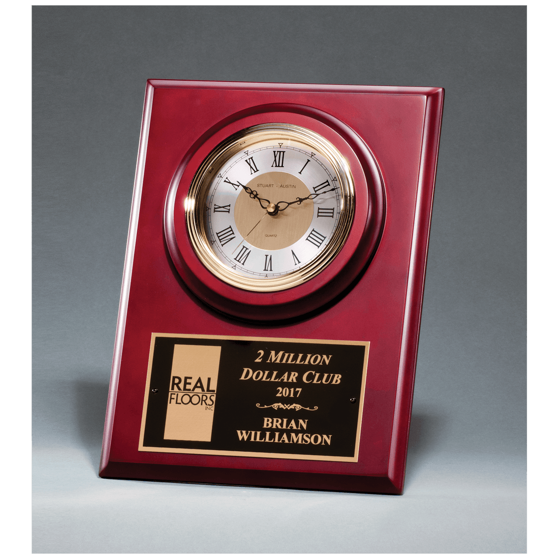 9" x 12" Cherry Finish Clock with 3 Hand Movement, Shelf Stand or Wall Mount with Black Laserable Plate