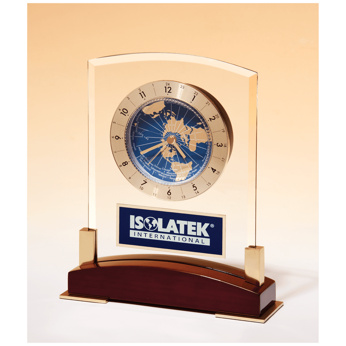 6" x 7 3/4" Glass Clock with World Time Dial on Piano Finish Base, Blue Aluminm Plate