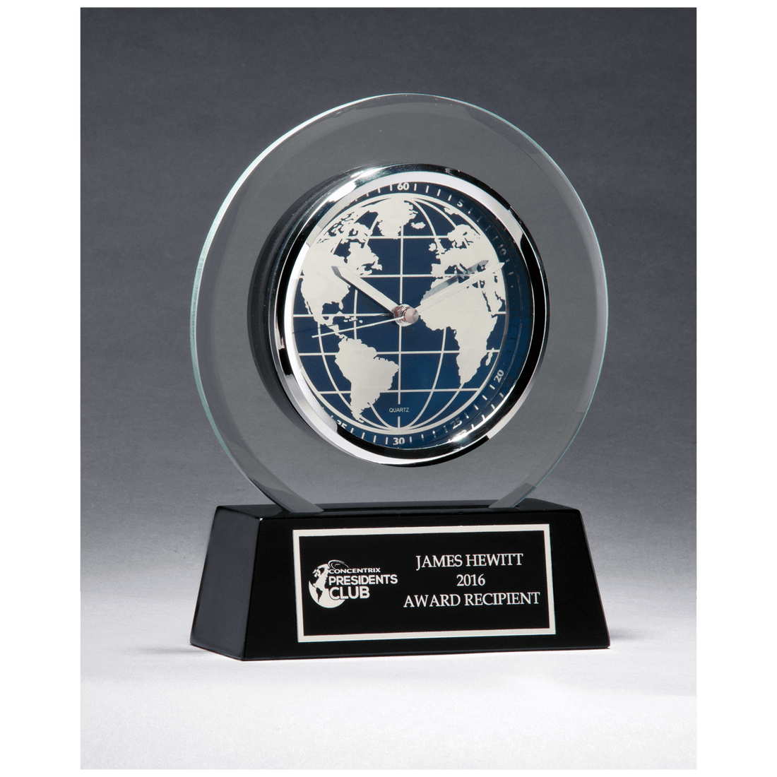 7 1/4" x  8 3/4" Glass Clock with World Dial on Black High Gloss Base, Black Plate