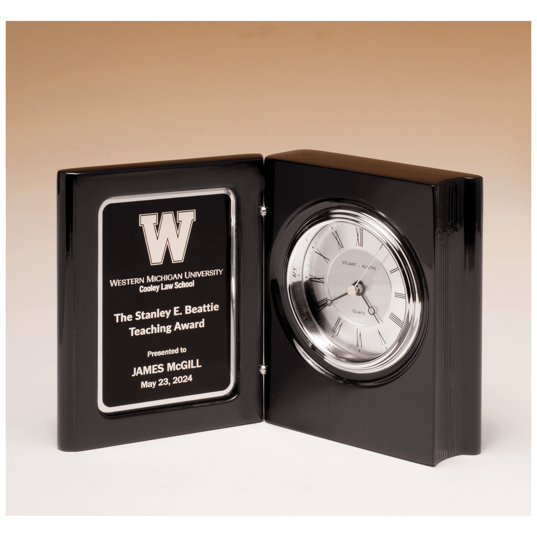 5 3/8" x 4 1/4" Black Piano Finish Book Clock with Diamond Spun Dial, 3 Hand Movement, Black Plate