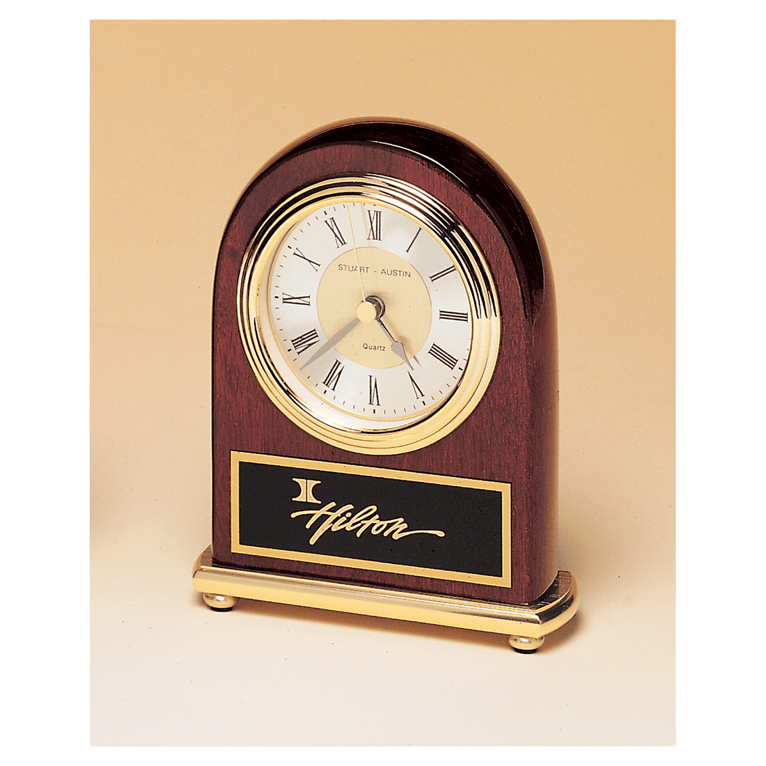 4" x 5" Rosewood Arch Piano Finish Clock, Brass Base, Diamond Spun Dial, 3 Hand Movement with Black Laserable Plate