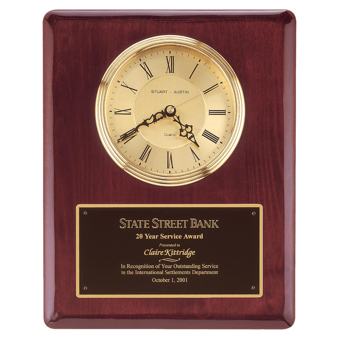 Rosewood Piano Finish Clock, Waterfall Bezel with Glass Lens,Gold 10 1/2" x 13" Dial, Plate