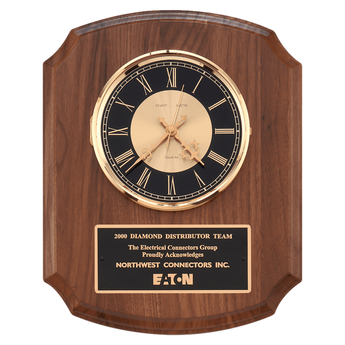 10 1/2" x 13" Walnut Quartz Clock, Brass Diamond Spun Bezel, Glass Lens, Black & Gold Dial