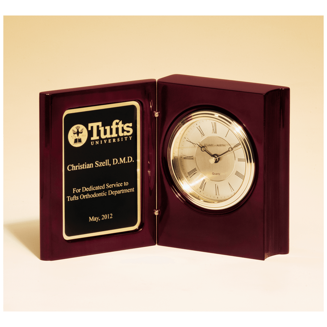 5 3/8" x 4 1/4" Rosewood Piano Finish Book Clock w/Diamond Spun Dial, 3 Hand Movement, Plate