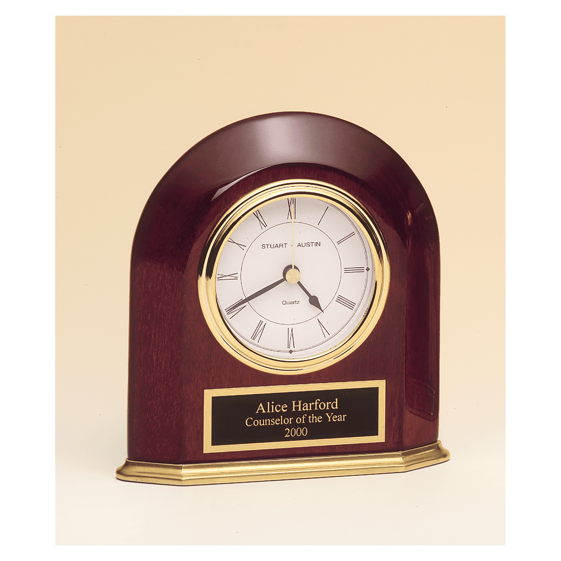 5 5/8" x 5 7/8" Rosewood Piano Finish Arched Table Clock with Solid Brass Base with Black Plate