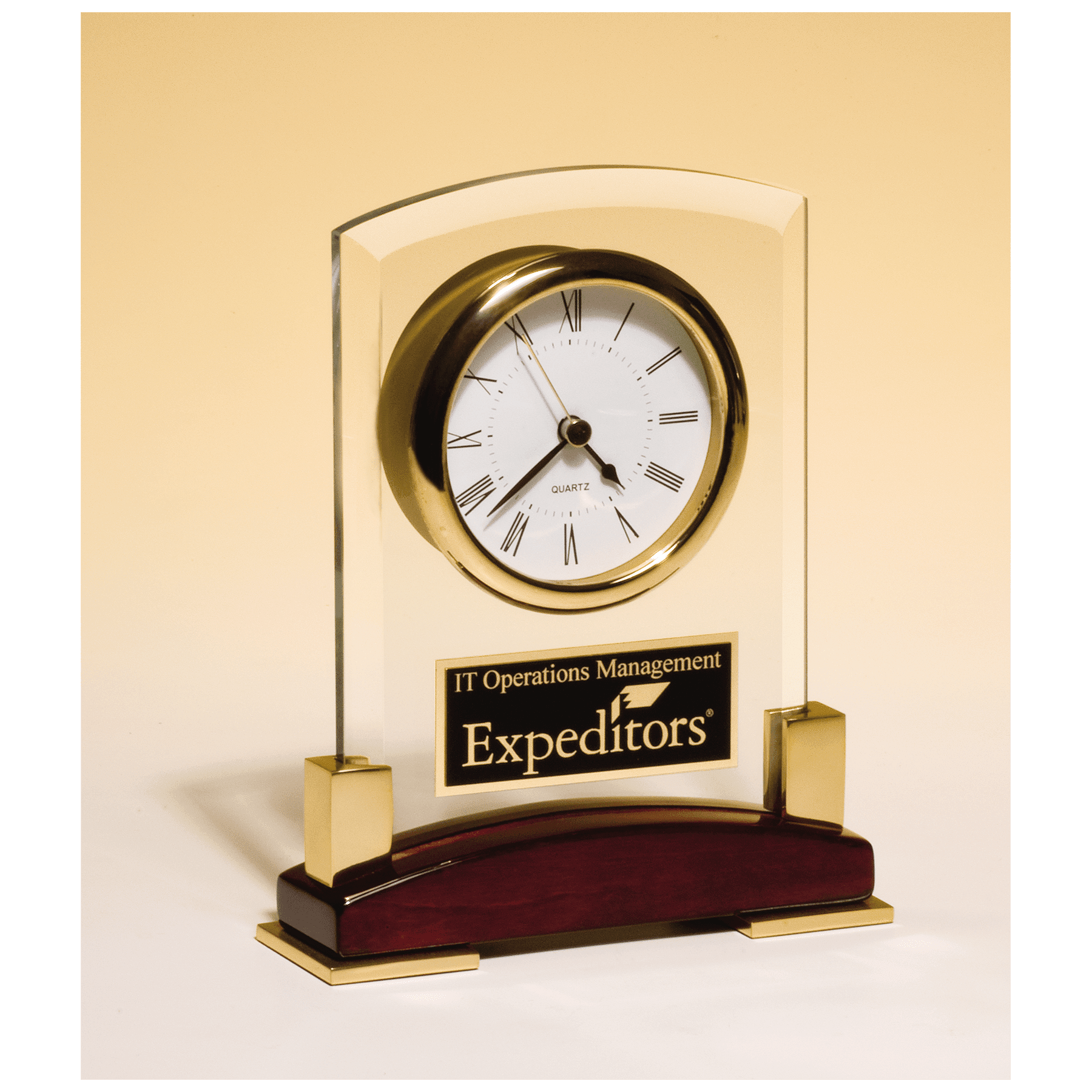 6 x 7 3/4" Beveled Glass Desk Clock, Rosewood Piano Finish Base, Gold MetalAccent with Black Plate