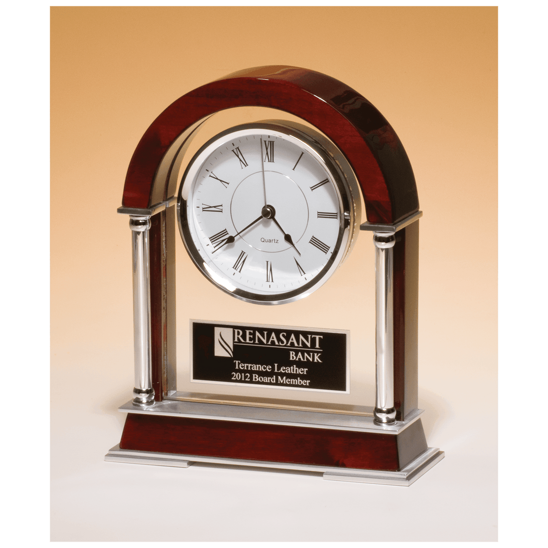 8 1/2" x 10 1/2" Rosewood Piano Finish Mantle Clock, Chrome Plated Posts, Silver Accents with Black Plate